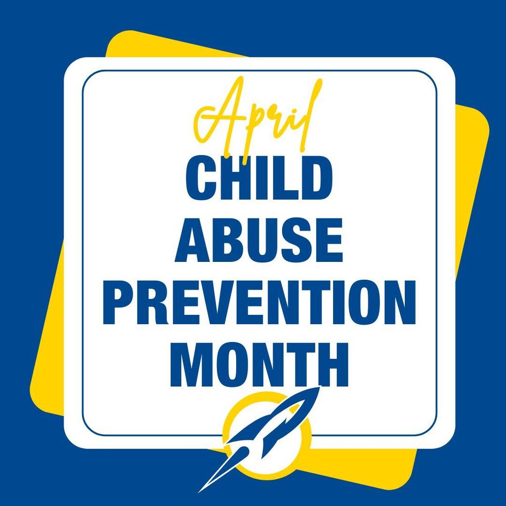  Decorative graphic with a white and yellow color scheme featuring the text "April Child Abuse Prevention Month" in navy blue lettering.