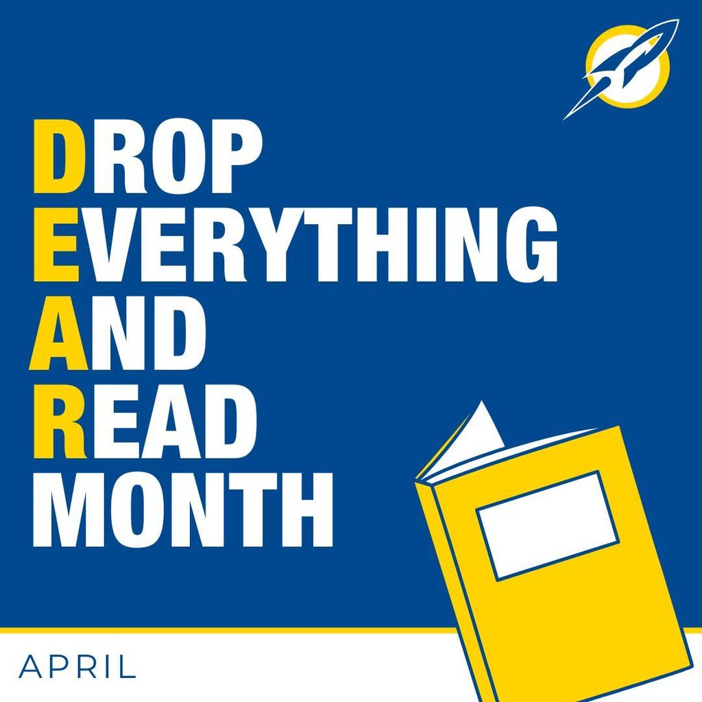  Decorative graphic with a navy blue and yellow color scheme featuring the text "Drop Everything and Read Month" alongside an illustration of an open book.