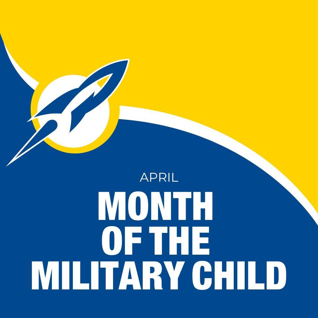 Decorative graphic with a blue and yellow color scheme featuring the text "April Month of the Military Child."