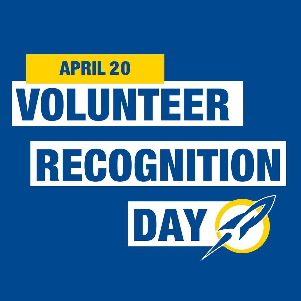 Decorative graphic with a navy blue and yellow color scheme featuring the text "April 20 Volunteer Recognition Day" in bold white and yellow lettering.