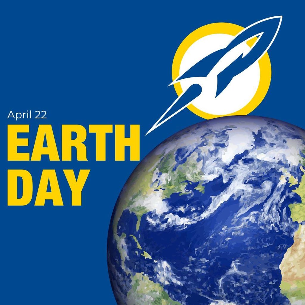 Decorative graphic with a blue and yellow color scheme featuring the text  "April Earth Day" alongside an illustration of the globe.