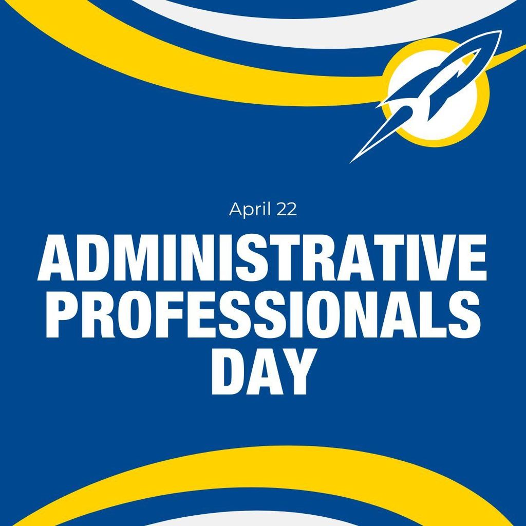 Decorative graphic with a navy blue and yellow color scheme featuring the text "Administrative Professionals Day" in bold white lettering.