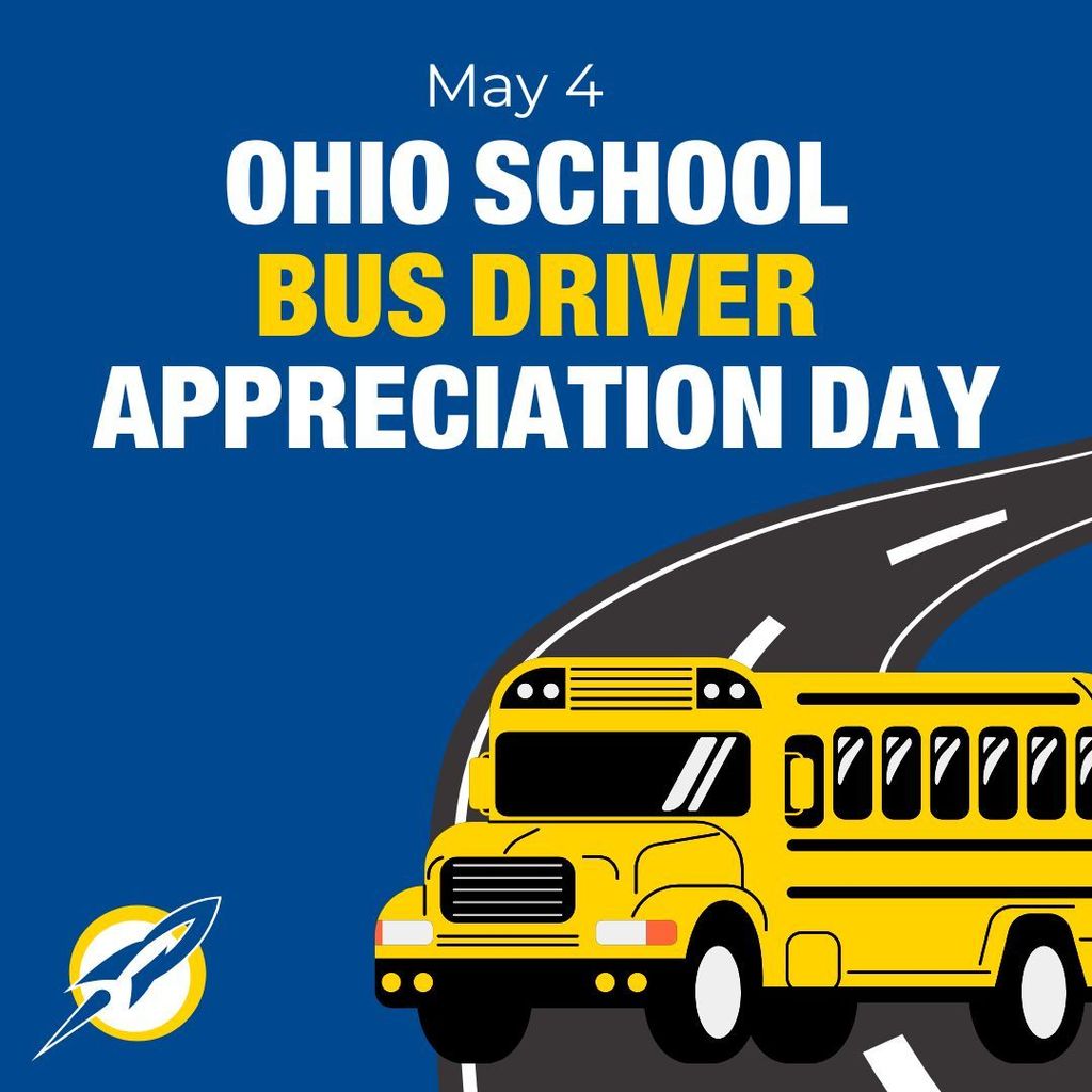  Dark blue graphic with a yellow school bus reading "May 4 – Ohio School Bus Driver Appreciation Day