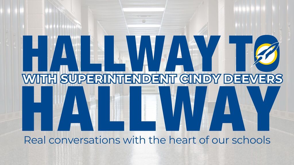 Hallway to Hallway with Superintendent Cindy Deevers.Hallway to Hallway with Superintendent Cindy Deevers. Real conversations with the heart of our schools. Streetsboro Rockets logo featured alongside bold blue text over a school hallway background.