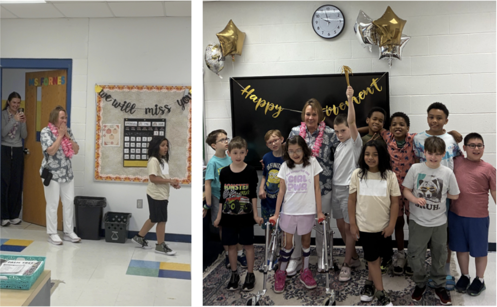 Miss Fornes and Mr. Madden’s classes threw a surprise party for Mrs. Meisinger’s retirement. We’re all going to miss her smiles and the way she lovingly supported students in the classrooms every day.