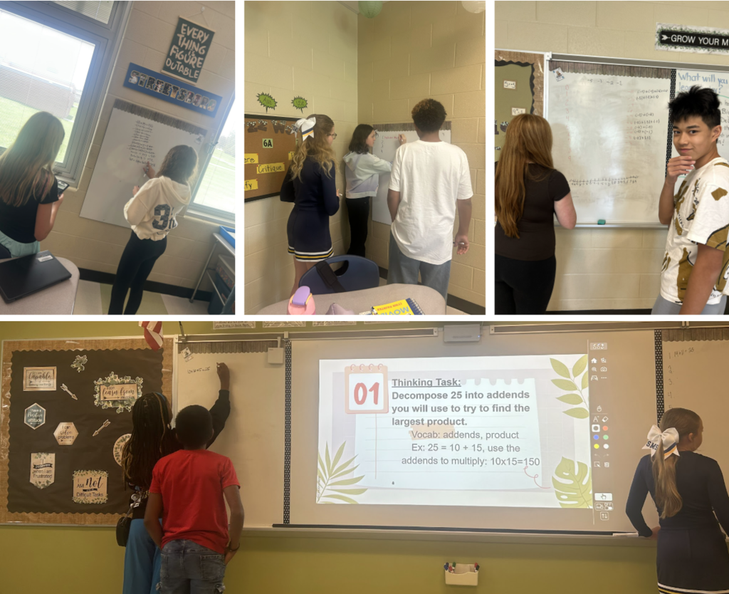 Math in action at SMS! Students in Ms. Johnston's class are collaborating at vertical boards, using mathematical reasoning, problem-solving strategies, and teamwork to deepen their understanding. We love seeing learning come to life!