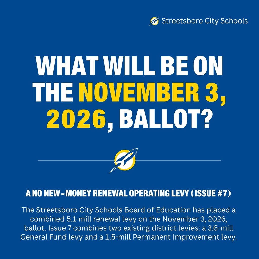 The Streetsboro City Schools Board of Education has placed a combined 5.1-mill renewal levy on the November 3, 2026, ballot. Issue 7 combines two existing district levies: a 3.6-mill General Fund levy and a 1.5-mill Permanent Improvement levy. https://www.scsrockets.org/article/3108833