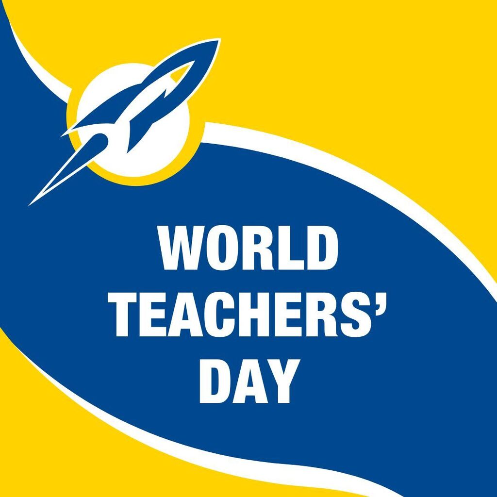 Blue and yellow graphic reading "World Teachers' Day" in white, with a rocket logo in a white circle in the corner.