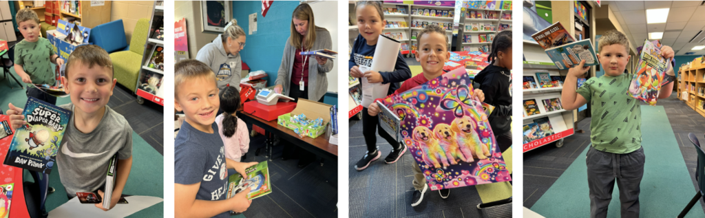 A collage of four photos featuring SES students holding books and other merchandise at the SES Scholastic Book Fair