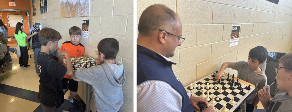 Two Photos. Left photo features three students standing around a chess board. Right photo shows an adminsitrator on one side of the chess board, one student on the opposing side, and a second student watching from the middle. 