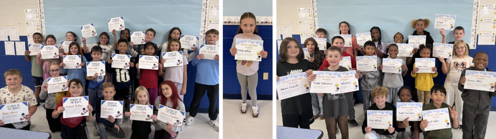 Three photos in a collage. The photo on the left features a group of students holding certificates, the middle photo is a single student holding a certificate, and the right photo is another group of students holding certificates. 
