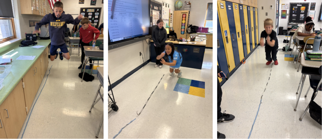 Fifth grade students take turns jumping and measuring distances in a classroom science activity exploring gravitational forces.