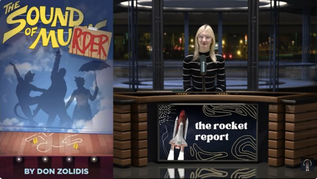 Screenshot of the Rocket Report. On the left is the cover of a playbill for the sound of murder. on the right is  Rocket Report correspondent Madison Majewski sitting at the news desk.