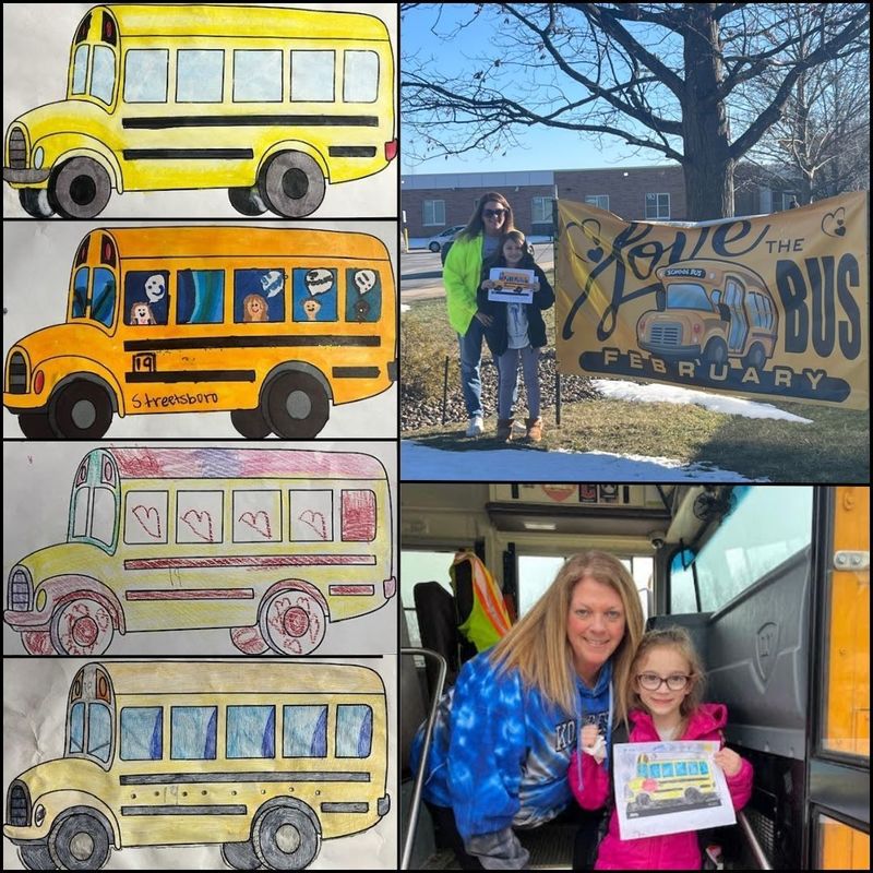 On the left there are four drawings of busses. On the right there are two photos stacked on top of eachother of McCabe with each of the winners.