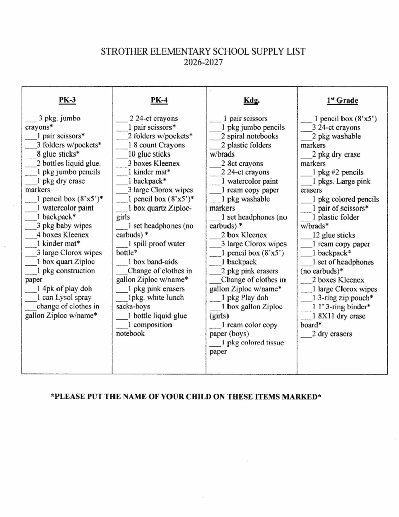 Elementary Supply list for 2027