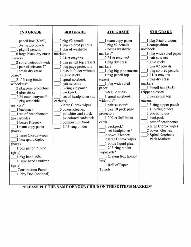 Elementary Supply list for 2027