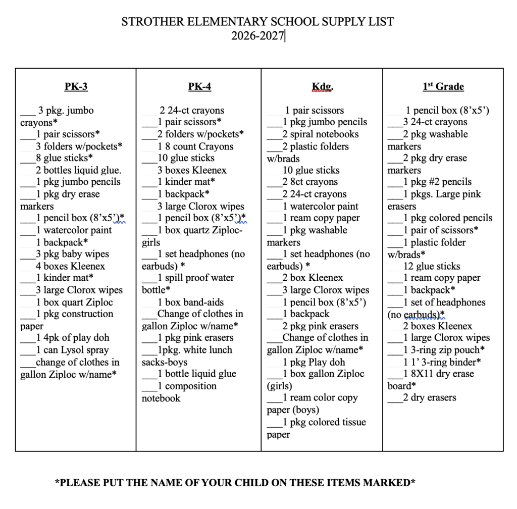 Updated Elementary School Supply List