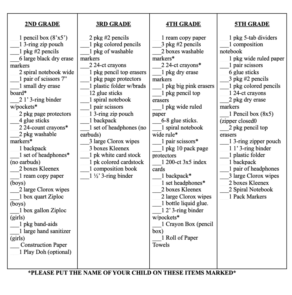 2-5 School supply list