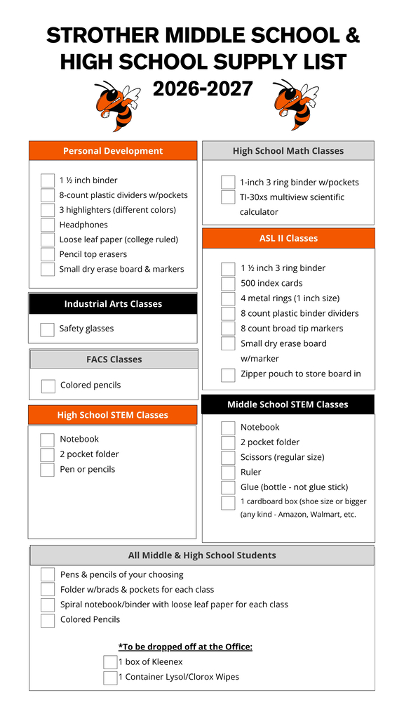 Middle School and High School Supply List