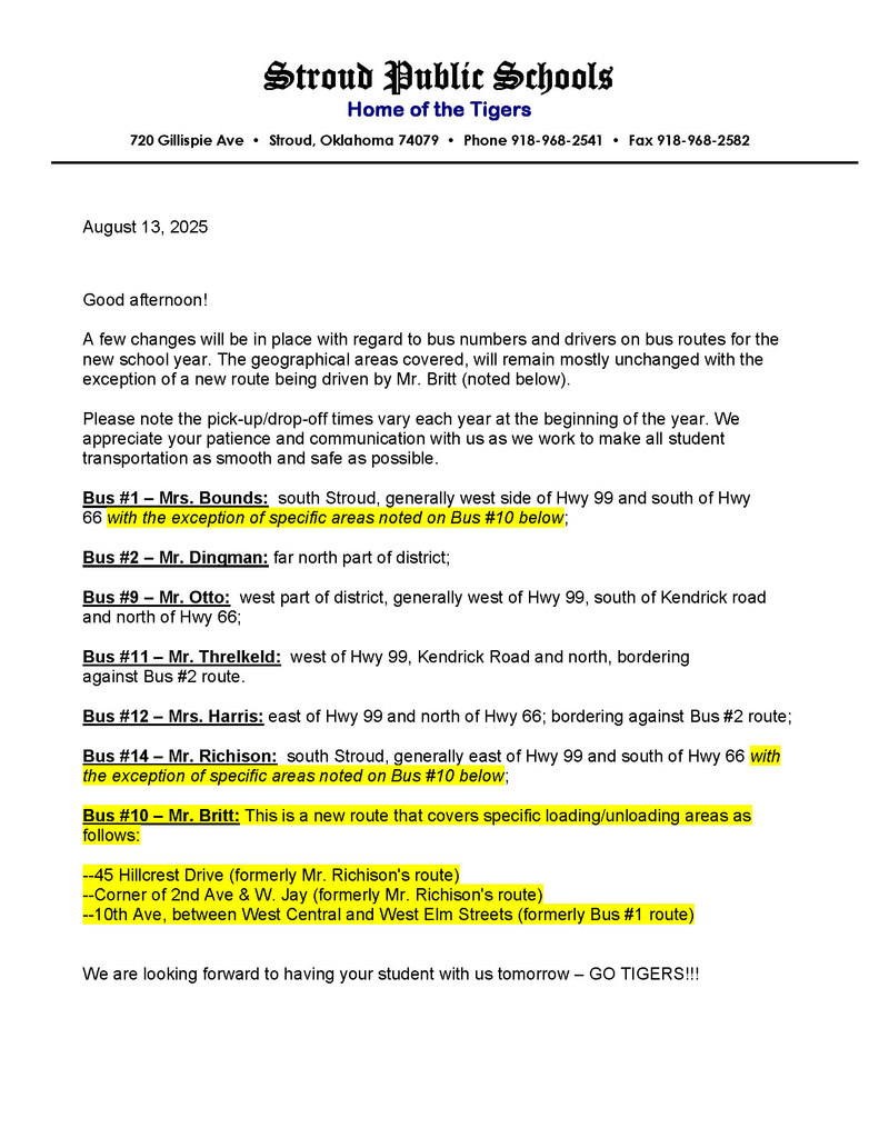 Bus Route Announcement 2025-2026