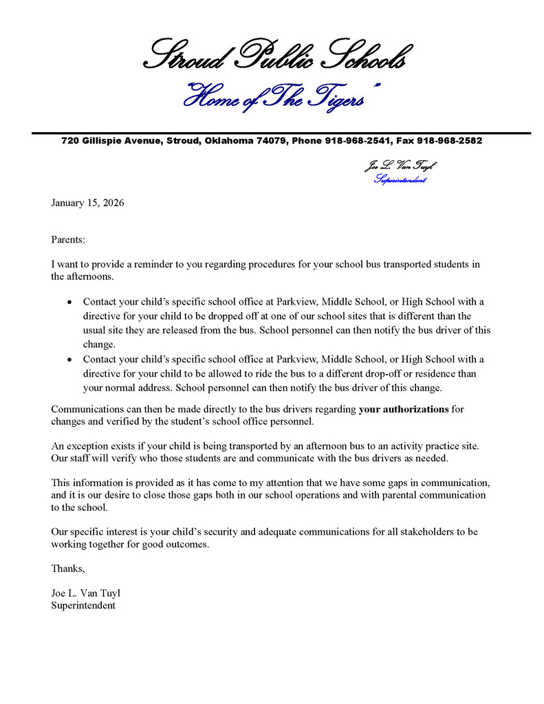 Superintendent Communication Regarding After-School Bus Transportation