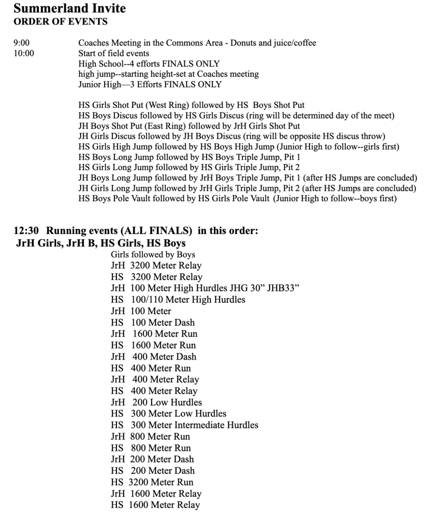 Summerland Track Invite Schedule of Events