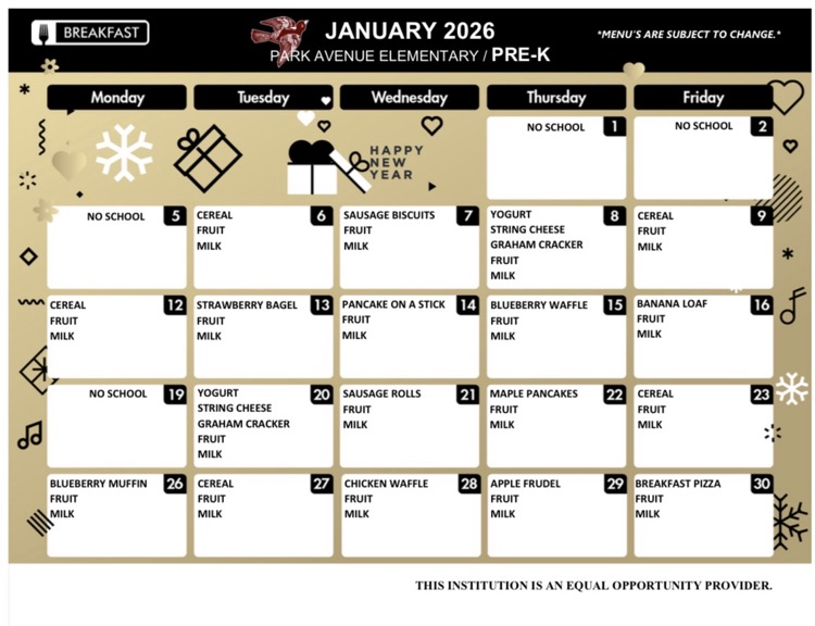 January Pre-K Breakfast Menu