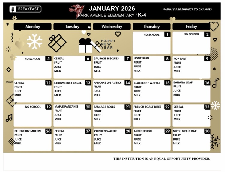 January K-4 Breakfast Menu