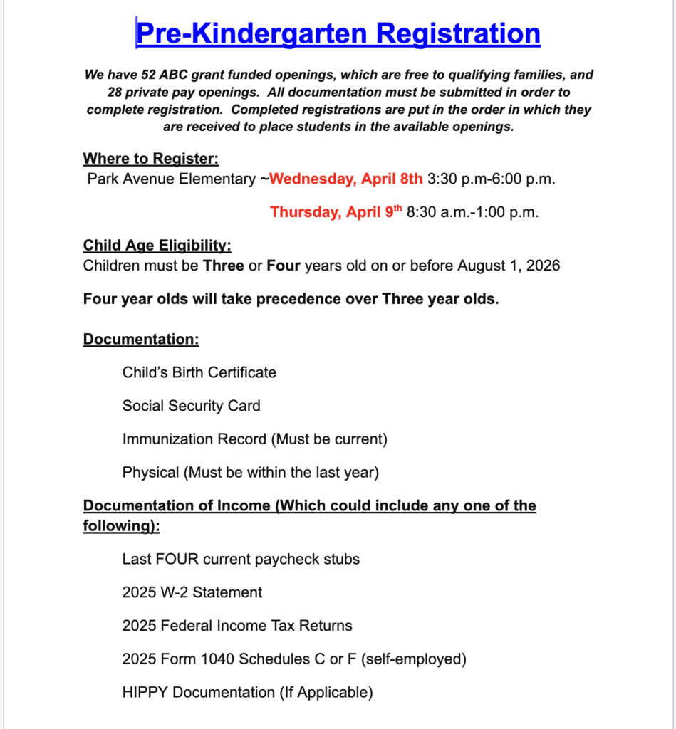 Pre-K Registration Information