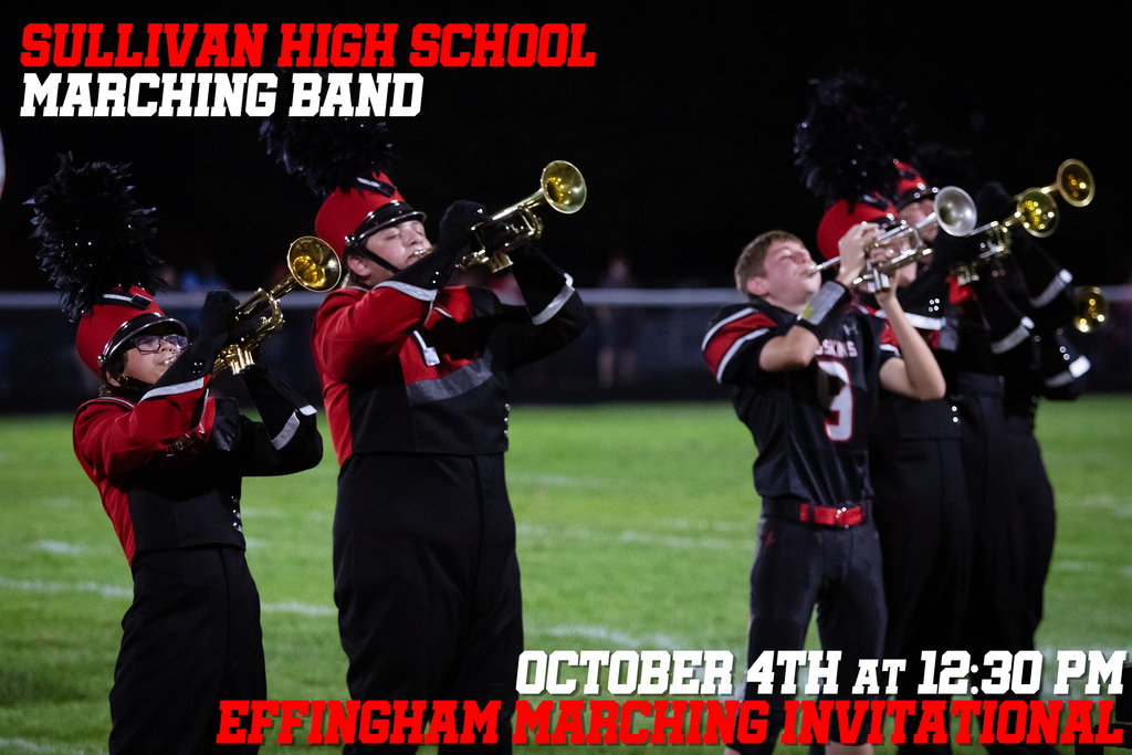 Flyer containing members of the Sullivan Marching Band performing at Homecoming.