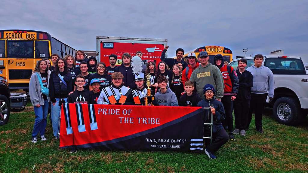 Members of the Sullivan High School Marching Band pose after the Oblong Spooktacular Field Competition Awards. The Band won 1st Place as well as 3 caption awards.