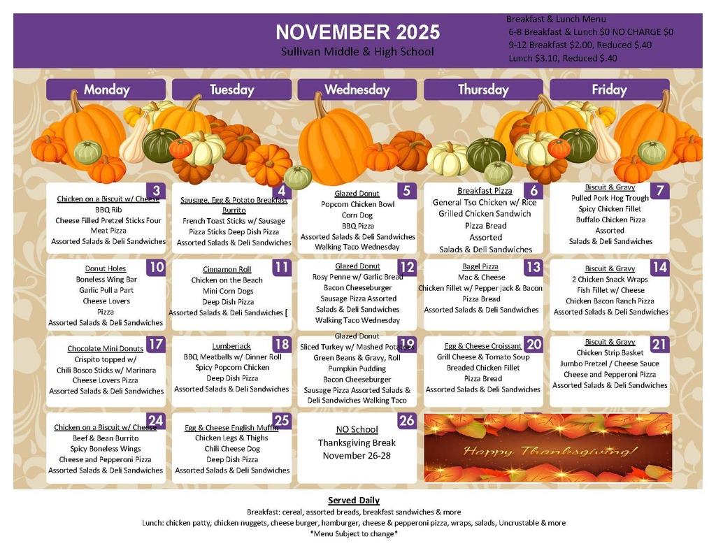 SMS & SHS November 2025 Menu