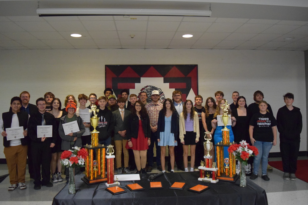 Members of the Marching and and Color Guard celebrate the end of their 2025 Fall Competition Season at the Marching Band Banquet last Thursday.