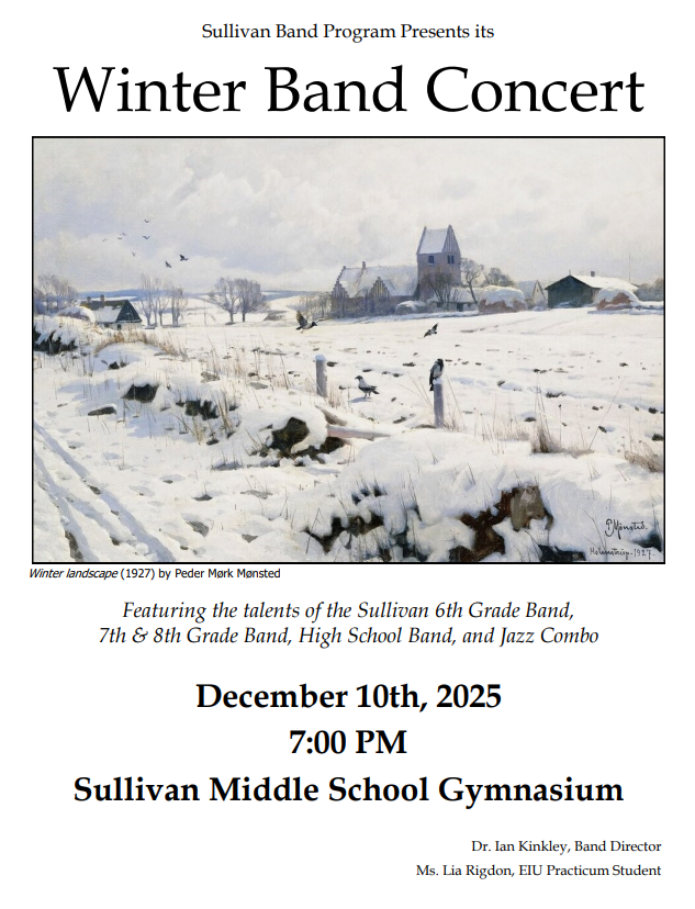 Band Program Concert Flyer: Winter Band Concert, December 10th, 7 PM, Sullivan Middle School Gymnasium.