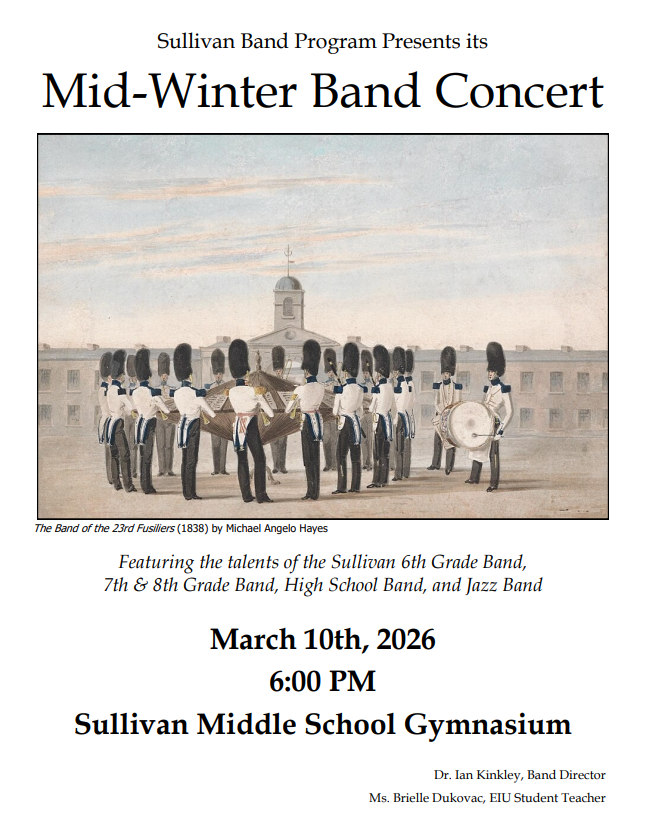 Concert Flyer for the Sullivan Band Program for its Mid-Winter Band Concert on March 10th at 6 PM