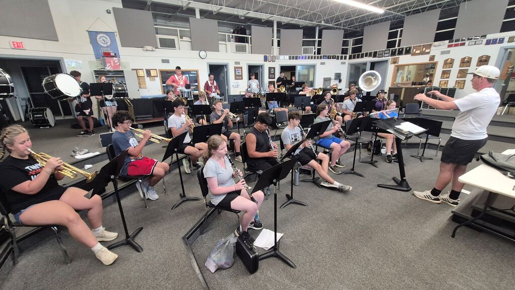 The Sullivan High School Marching Band rehearses music on the first day of the 2026 Marching Band Camp.