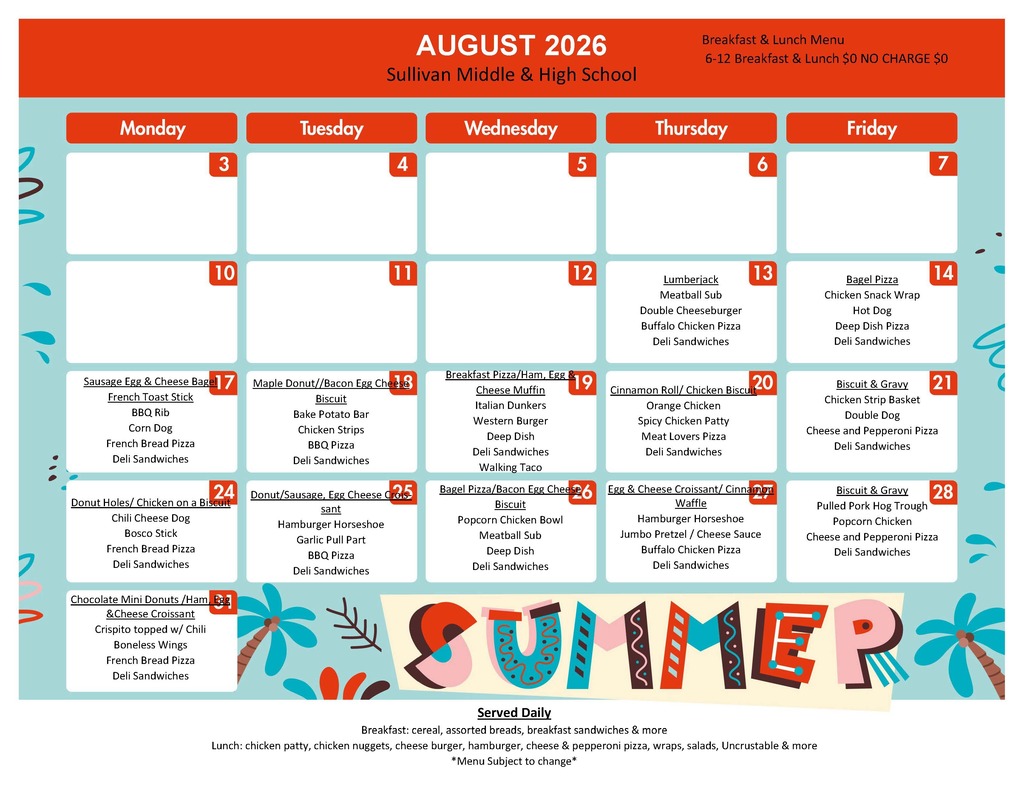SHS August Menu