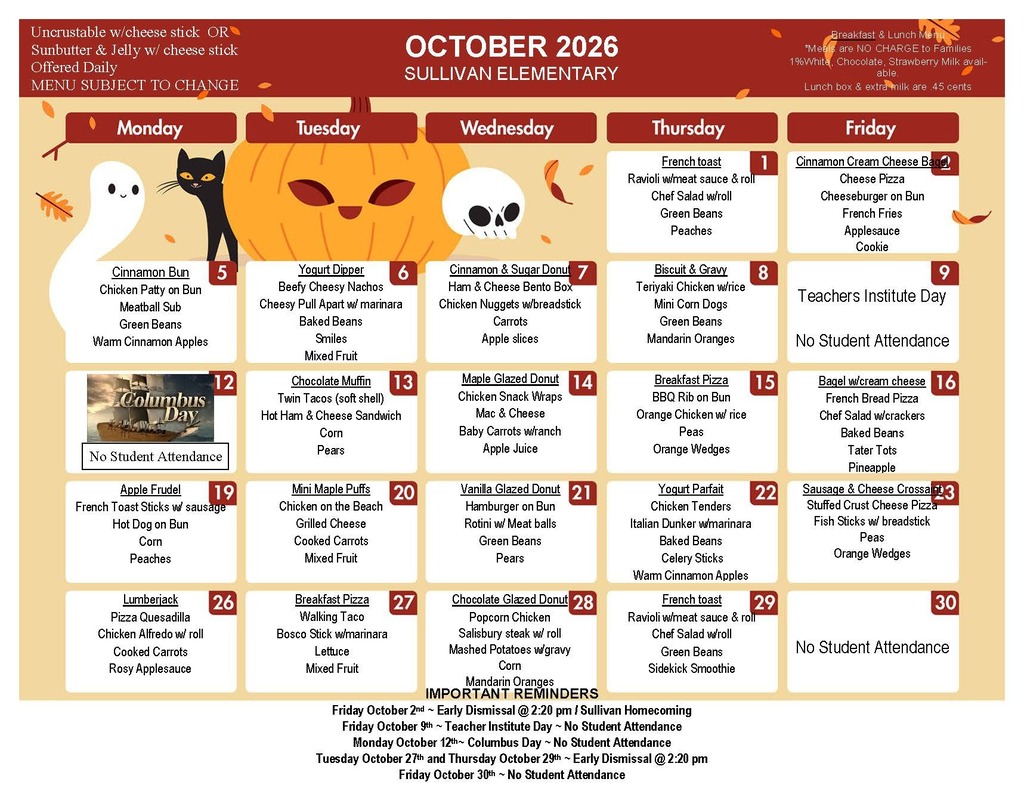 Sullivan Elementary School Menu October 2026