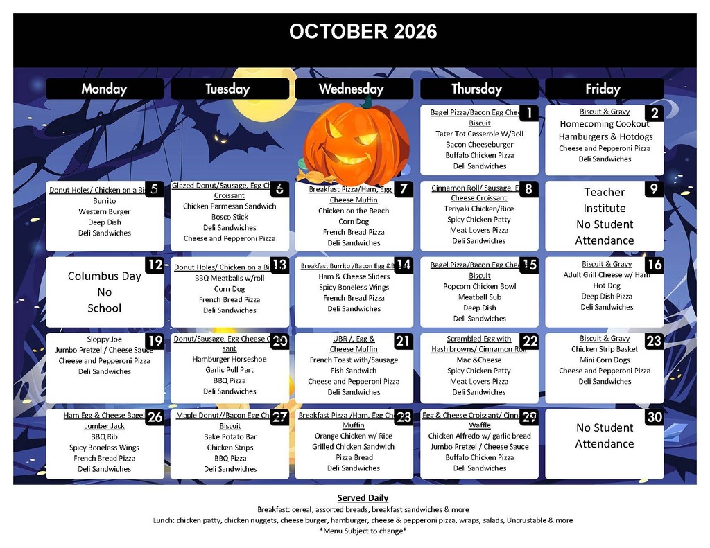 SMS and SHS October Menu 2026