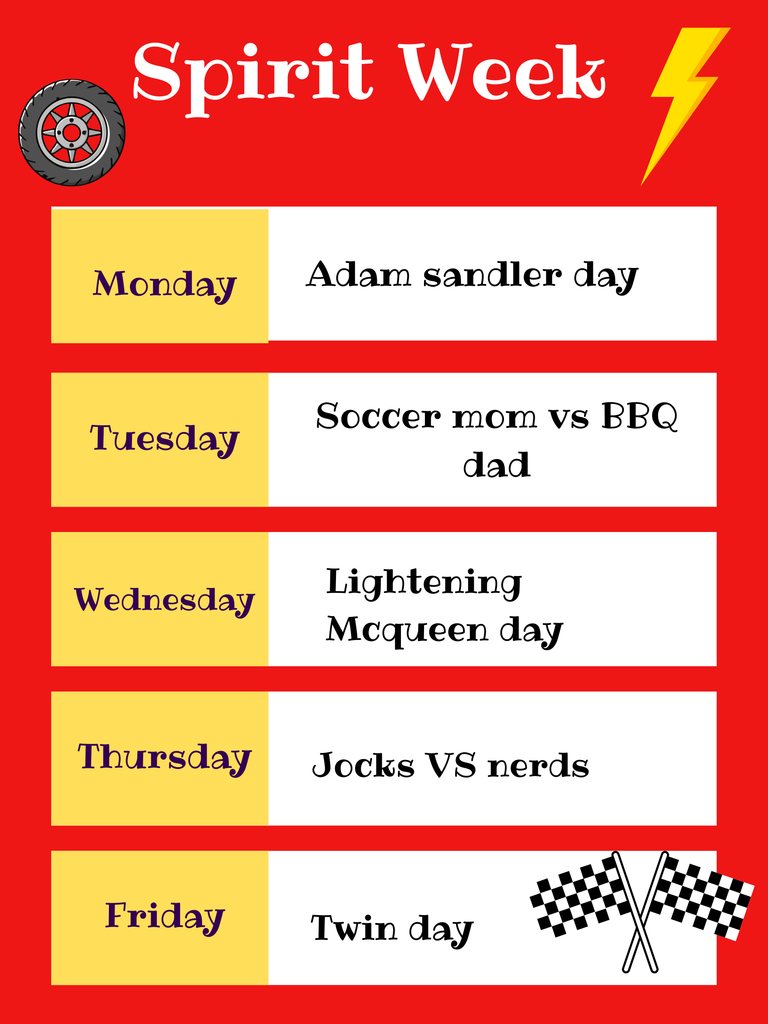 March Spirit Week! Monday is Adam Sandler Day, Tuesday is Soccer Mom vs BBQ Dads, Wednesday is Lightning McQueen Day, Thursday is Jocks vs Nerds, Friday is Twin Day.