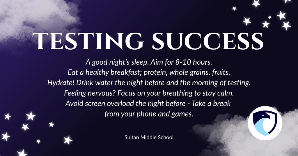 Testing Success. A good night’s sleep. Aim for 8-10 hours. Eat a healthy breakfast; protein, whole grains, fruits. Hydrate! Drink water the night before and the morning of testing. Feeling nervous? Focus on your breathing to stay calm. Avoid screen overload the night before - Take a break  from your phone and games.