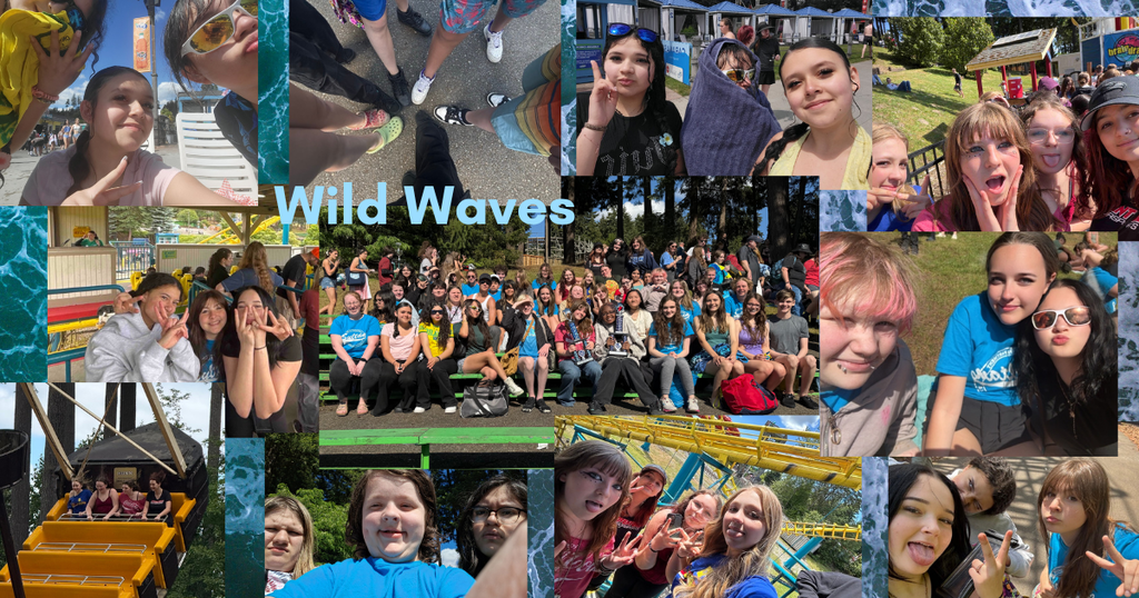 A collage of pictures of young people playing at a water park.