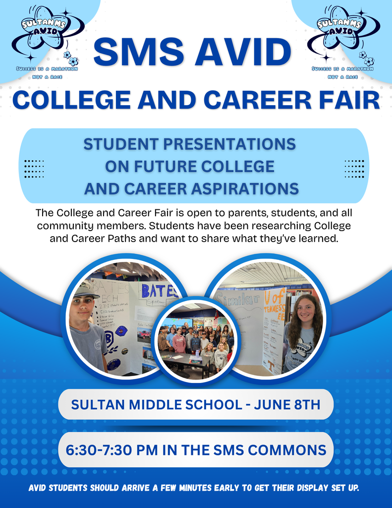 poster about sms avid college and career fair on june 8th from 6:30-7:30pm in the sms commons