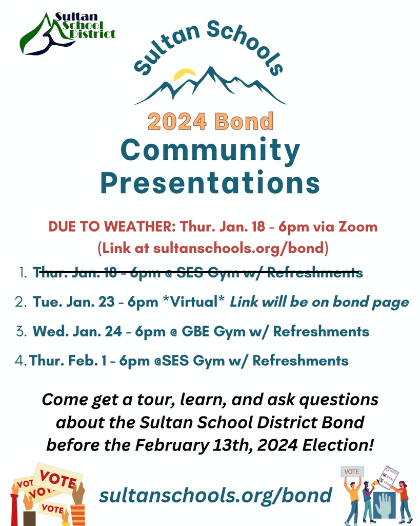 2024 bond community presentation flier 1/18/24 6 pm virutal meeting due to weather. Link at sultanschools.org/bond