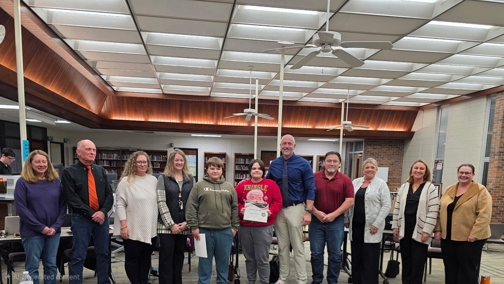 Image of October students of the month with the Board of Education, Mrs. Klocinski, and Mr. Ost.