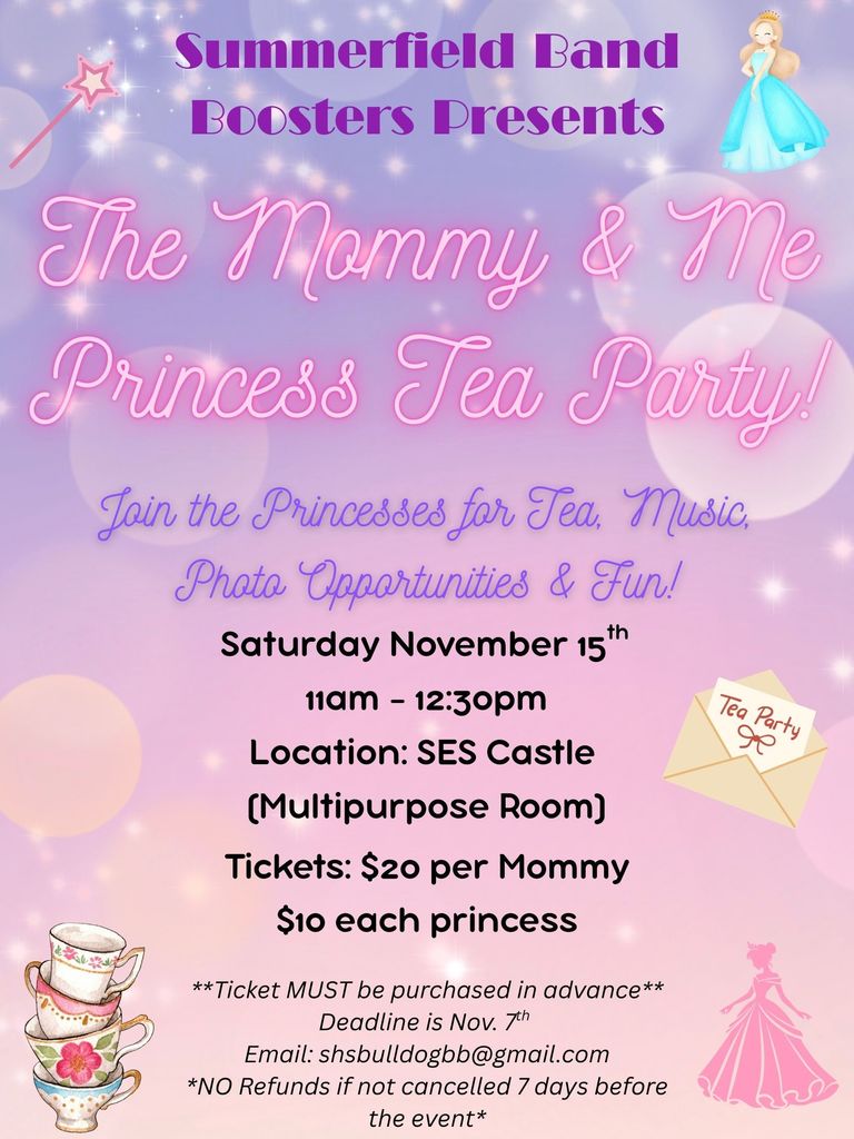 There are still spots open for The Mommy & Me Princess Tea Party! Saturday November 15th from 11am - 12:30pm located in the Elementary All Purpose Room. Tickets are $20 per mommy and $10 per princess. Come enjoy a magical time meeting princesses and enjoying music!