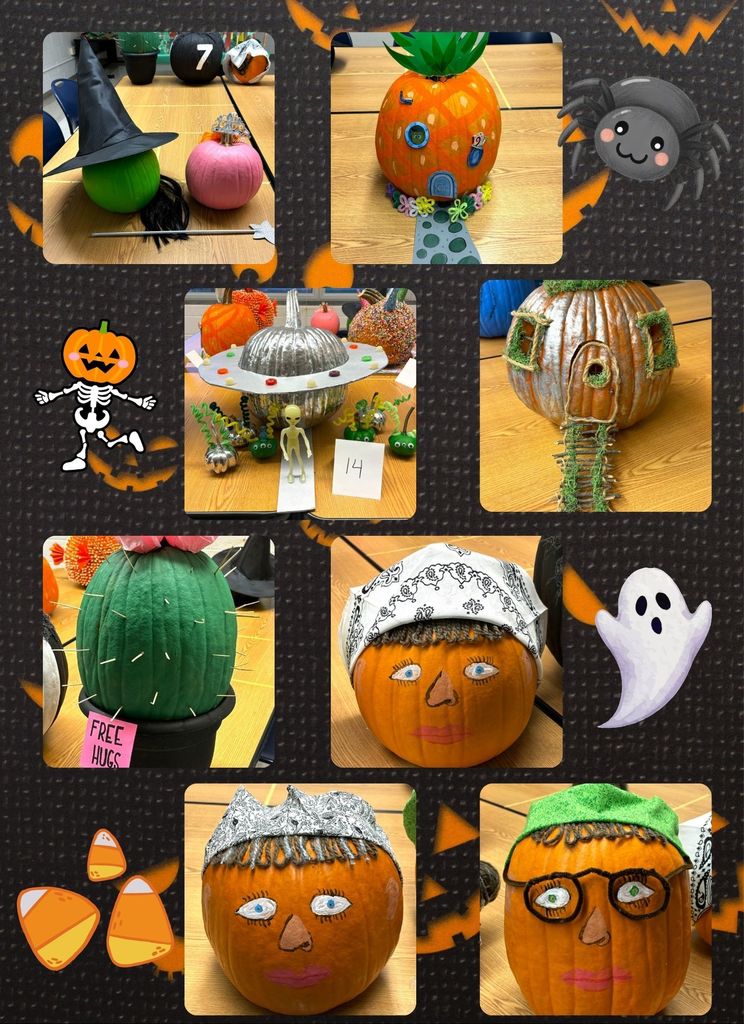Elementary School Staff Pumpkin Decorating Contest! Grand Prize Winner goes to Mrs. Lemert. Most Adorable Mrs. Herald. Most Creative Miss. Bray. Funniest Mrs. Lopez. Scariest Mrs. Woods. Best in Show Mrs. Secor.