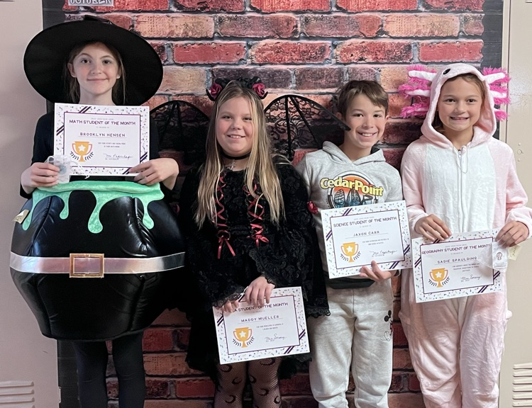 Sixth-grade Students of the Month! October winners: Brooklyn Hensen, Math; Maddy Mueller, ELA; Jaxon Carr, Science; Sadie Spaulding, Geography.