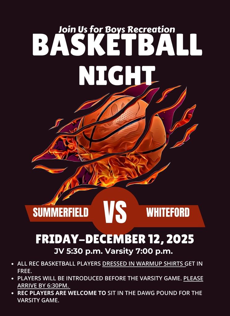 Rec Boys Basketball Night! Friday December 12th between the JV & Varsity Games. FREE admission for rec players. Please dress in your warm up gear. Players will be introduced before the Varsity game at 7pm. Please arrive by 6:30pm.