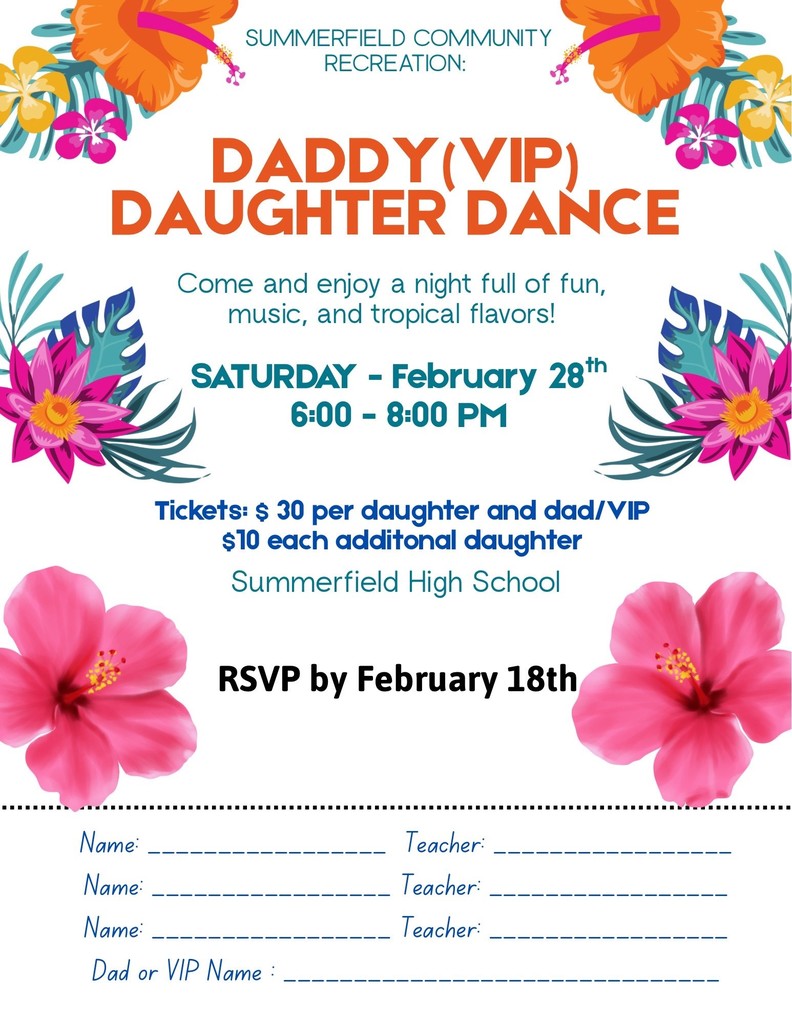 Don't forget! Daddy (VIP) Daughter Dance Tickets are available until February 18th! Forms are available in the Elementary Office with Cash or Check Accepted as payment. OR you can pay on Infinite Campus Payments!